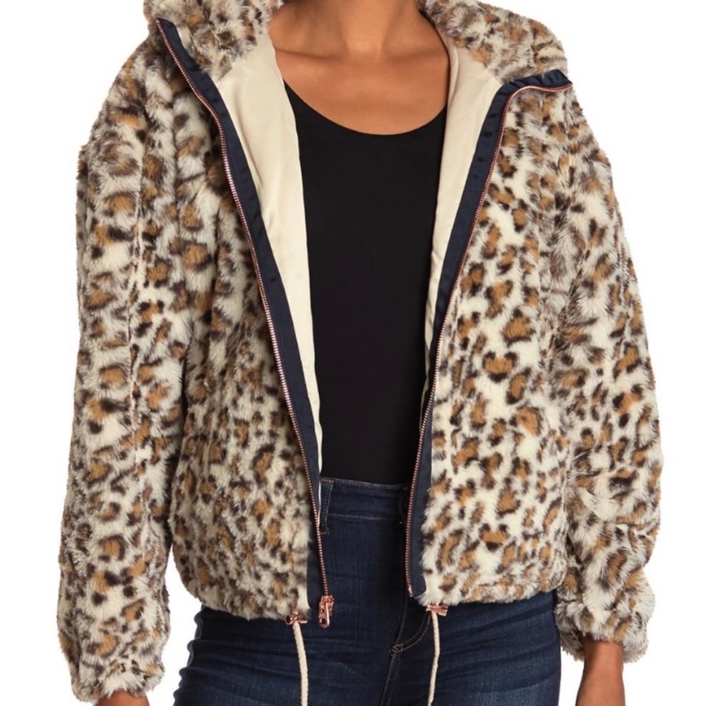 Lucky Brand Animal Print Faux Fur Hooded Jacket - Picture 1 of 10